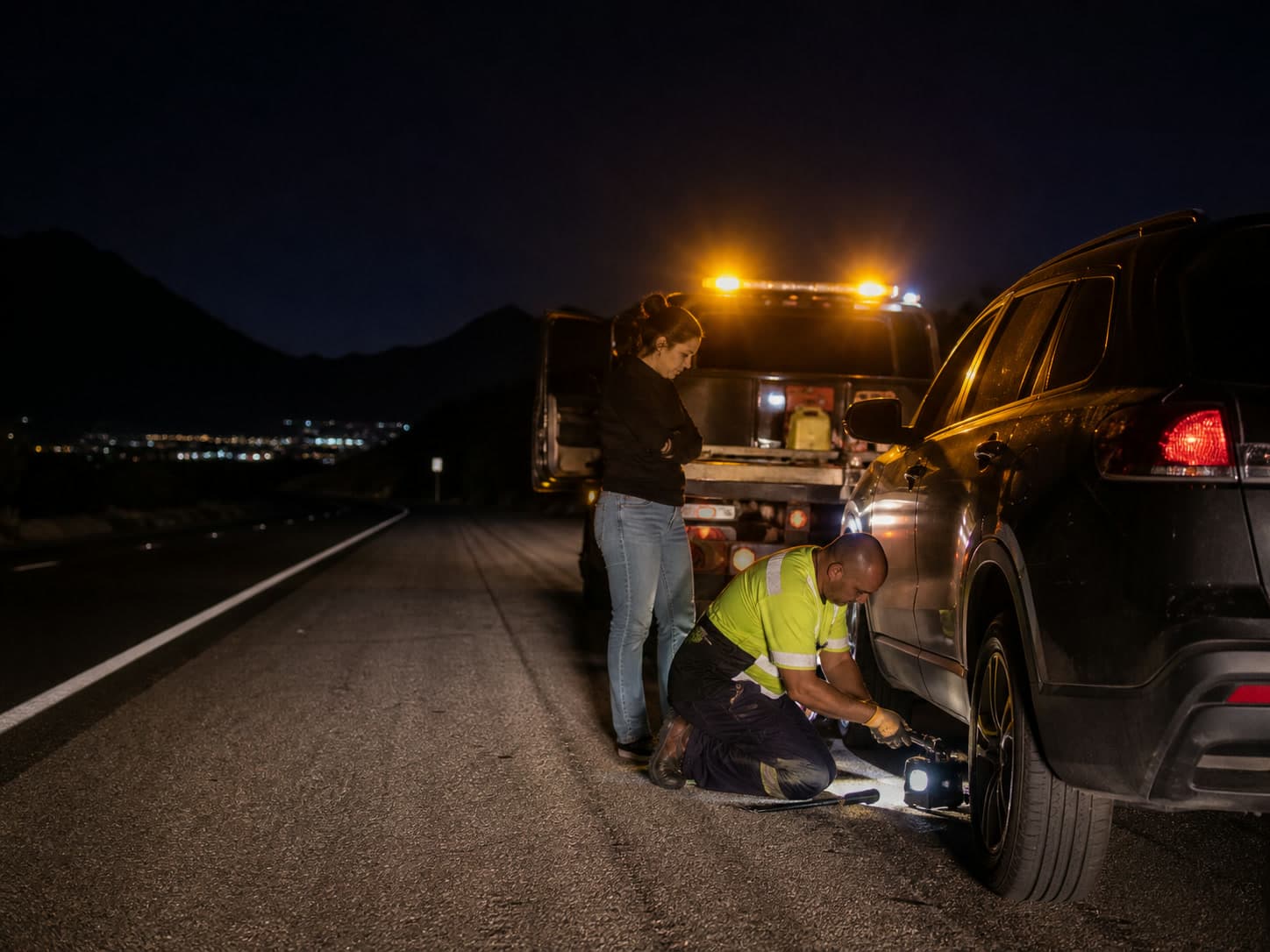 Tow operator helping a driver with a flat tire at night on an Arizona highway